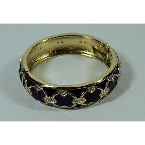 Vintage Purple Enamel Gold Tone Clamper Beautiful Pattern Bangle Bracelet Bling